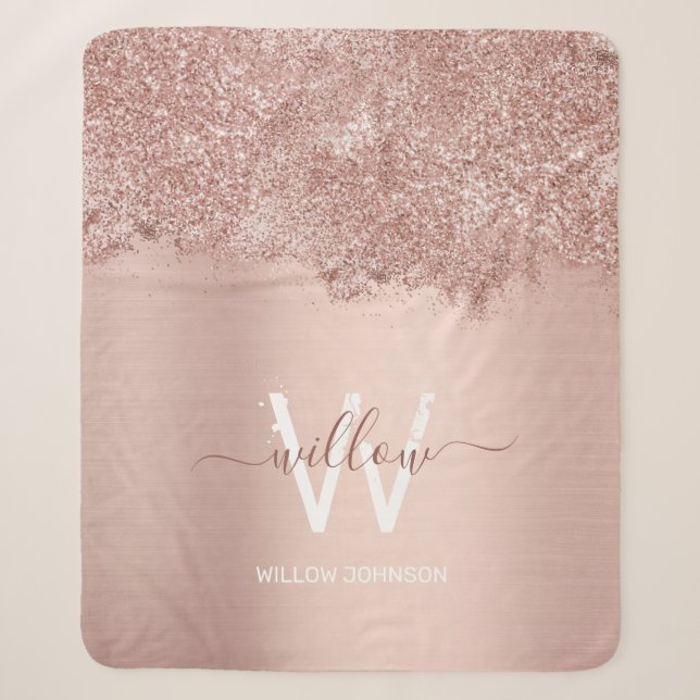 Rose Gold Blush Pink Girly Glitter Dust Monogram Sherpa Blanket (Front)