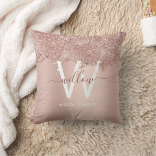 Rose Gold Blush Pink Girly Glitter Dust Monogram Throw Pillow