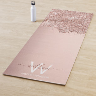 Rose Gold Blush Pink Girly Glitter Dust Monogram Yoga Mat