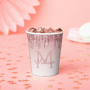 Rose Gold Blush Pink Glitter and Sparkle Monogram Paper Cups
