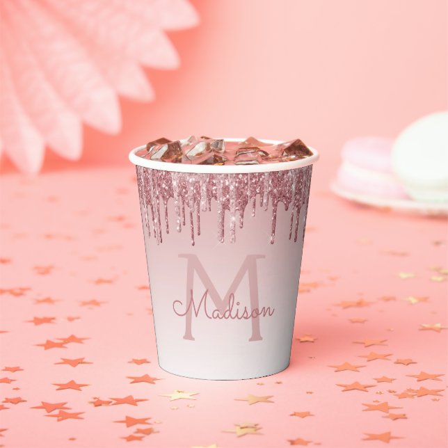 Rose Gold Blush Pink Glitter and Sparkle Monogram  Paper Cups (Insitu)