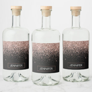 Rose Gold Blush Pink Glitter Chic Monogram Name Liquor Bottle Label