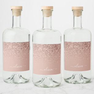 Rose Gold Blush Pink Glitter Chic Monogram Name Liquor Bottle Label