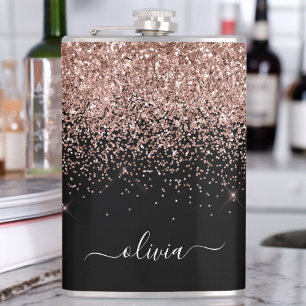 Rose Gold Blush Pink Glitter Custom Monogram Name Hip Flask