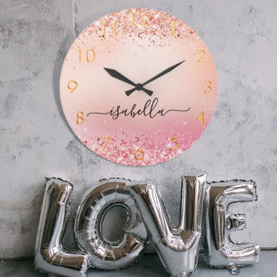 Rose gold blush pink glitter dust name script large clock