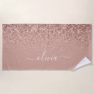 Rose Gold Blush Pink Glitter Girly Monogram Name Beach Towel
