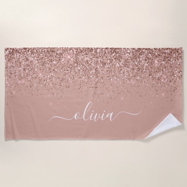 Rose Gold Blush Pink Glitter Girly Monogram Name Beach Towel (Front)