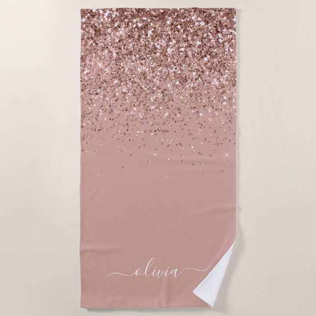 Rose Gold Blush Pink Glitter Girly Monogram Name Beach Towel (Front)