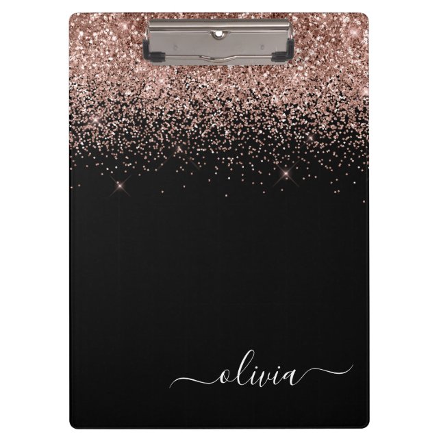 Rose Gold Blush Pink Glitter Girly Monogram Name Clipboard (Front)