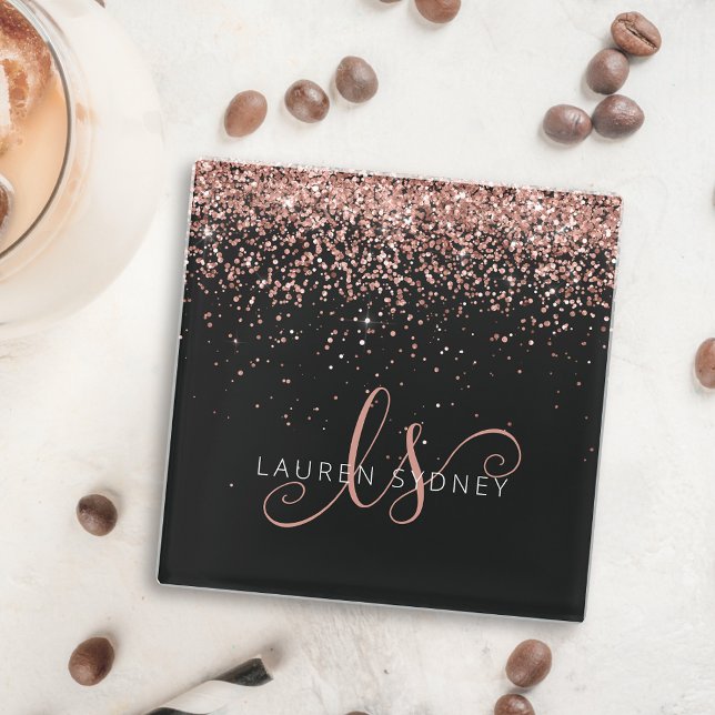 Rose Gold Blush Pink Glitter Glam Monogram Name Glass Coaster (Creator Uploaded)