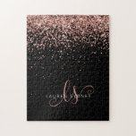 Rose Gold Blush Pink Glitter Glam Monogram Name Jigsaw Puzzle<br><div class="desc">Glam Rose Gold Glitter Elegant Monogram Puzzle. Easily personalize this trendy chic puzzle design featuring elegant rose gold sparkling glitter on a black background. The design features your handwritten script monogram with pretty swirls and your name.</div>