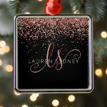 Rose Gold Blush Pink Glitter Glam Monogram Name Metal Ornament<br><div class="desc">Glam Rose Gold Glitter Elegant Monogram Ornaments. Easily personalize this trendy chic ornaments design featuring elegant rose gold sparkling glitter on a black background. The design features your handwritten script monogram with pretty swirls and your name.</div>