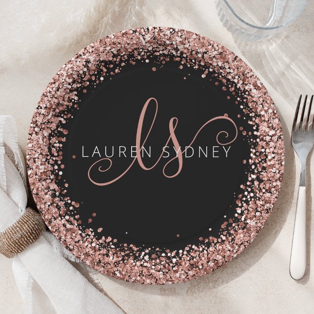 Rose Gold Blush Pink Glitter Glam Monogram Name Paper Plate (Creator Uploaded)
