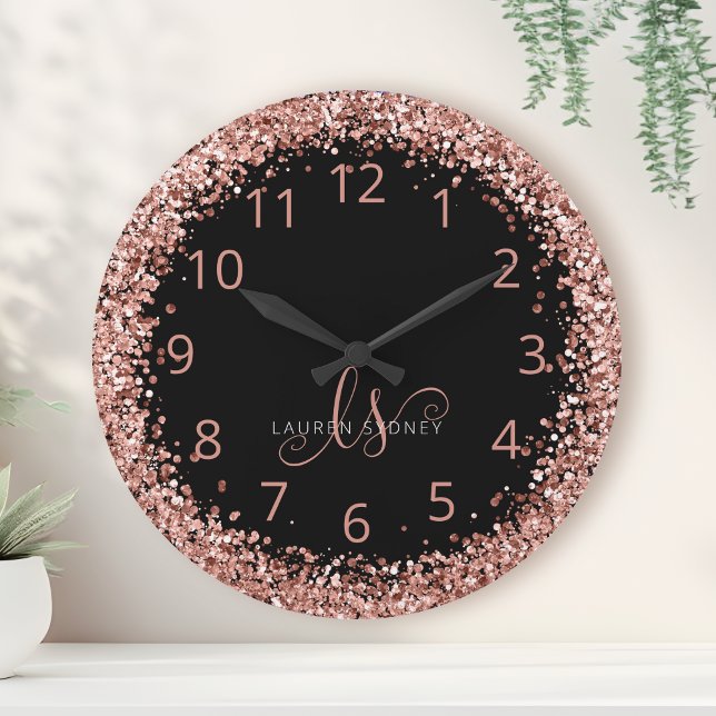 Rose Gold Blush Pink Glitter Glam Monogram Name Round Clock (Creator Uploaded)