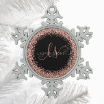Rose Gold Blush Pink Glitter Glam Monogram Name Snowflake Pewter Christmas Ornament<br><div class="desc">Glam Rose Gold Glitter Elegant Monogram Christmas Ornament. Easily personalize this trendy chic christmas ornament design featuring elegant rose gold sparkling glitter on a black background. The design features your handwritten script monogram with pretty swirls and your name.</div>