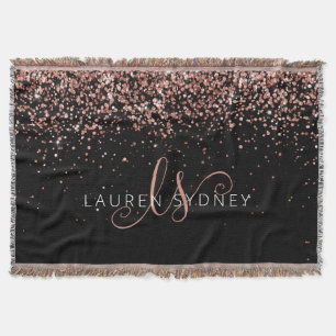 Rose Gold Blush Pink Glitter Glam Monogram Name Throw Blanket