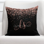 Rose Gold Blush Pink Glitter Glam Monogram Name Throw Pillow<br><div class="desc">Glam Rose Gold Glitter Elegant Monogram Throw Pillow. Easily personalize this trendy chic throw pillow design featuring elegant rose gold sparkling glitter on a black background. The design features your handwritten script monogram with pretty swirls and your name.</div>