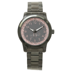 Rose Gold Blush Pink Glitter Glam Monogram Name Watch