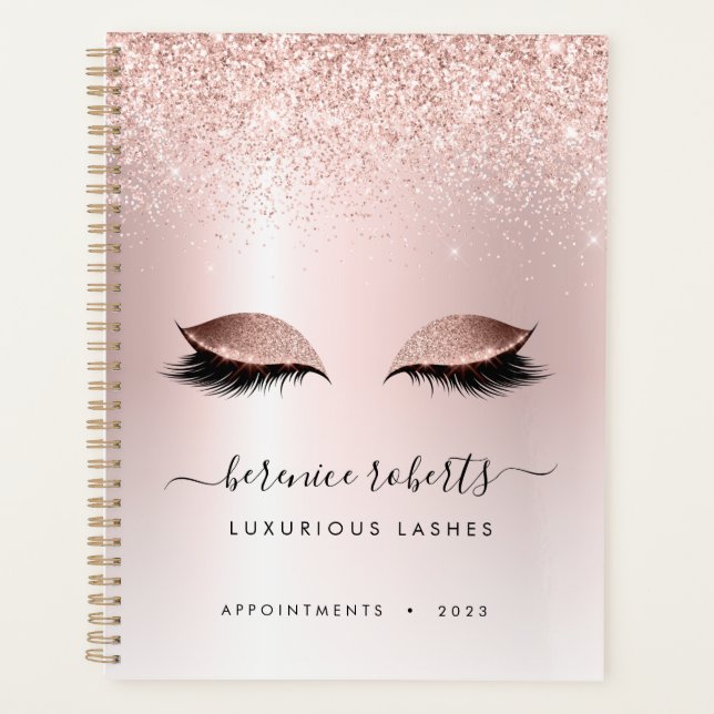 Rose Gold Blush Pink Glitter Lash Extensions Planner (Front)