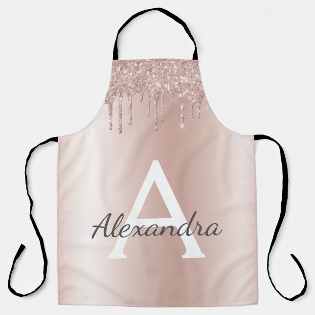Rose Gold - Blush Pink Glitter Metal Monogram Name Apron (Front)