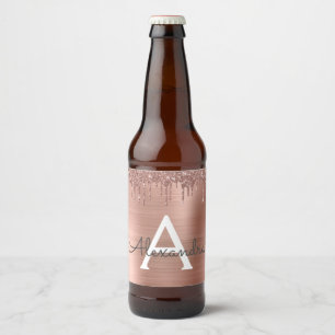 Rose Gold - Blush Pink Glitter Metal Monogram Name Beer Bottle Label