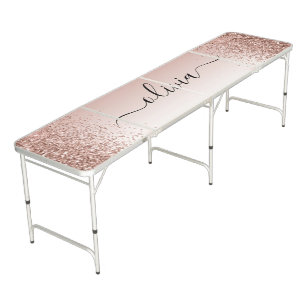 Rose Gold - Blush Pink Glitter Metal Monogram Name Beer Pong Table