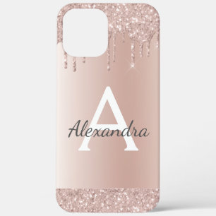 Rose Gold - Blush Pink Glitter Metal Monogram Name iPhone 12 Pro Max Case