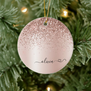 Rose Gold - Blush Pink Glitter Metal Monogram Name Ceramic Ornament