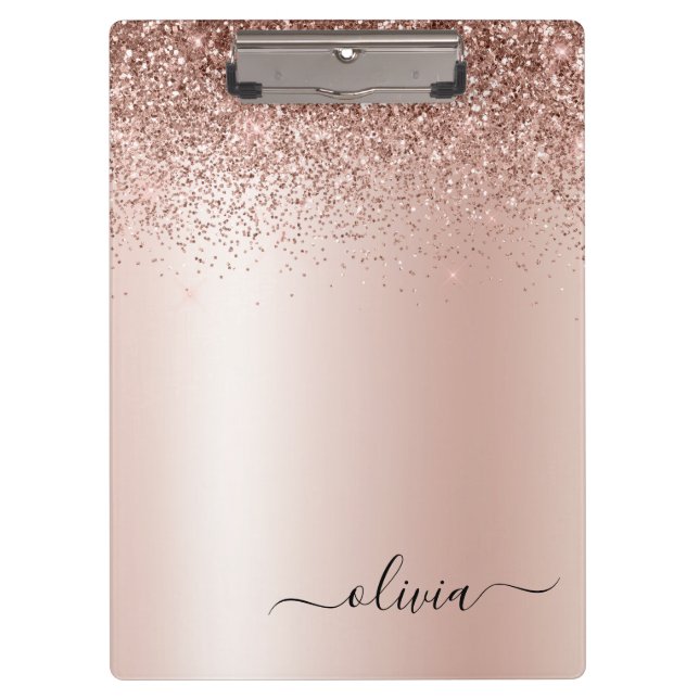Rose Gold - Blush Pink Glitter Metal Monogram Name Clipboard (Front)