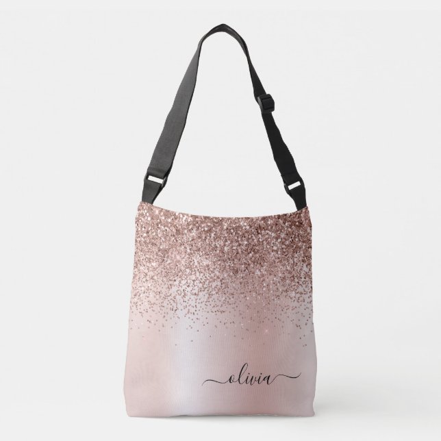 Rose Gold - Blush Pink Glitter Metal Monogram Name Crossbody Bag (Front)