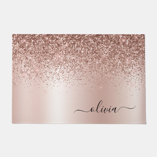 Rose Gold - Blush Pink Glitter Metal Monogram Name Doormat (Front)