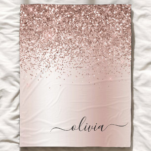 Rose Gold - Blush Pink Glitter Metal Monogram Name Fleece Blanket