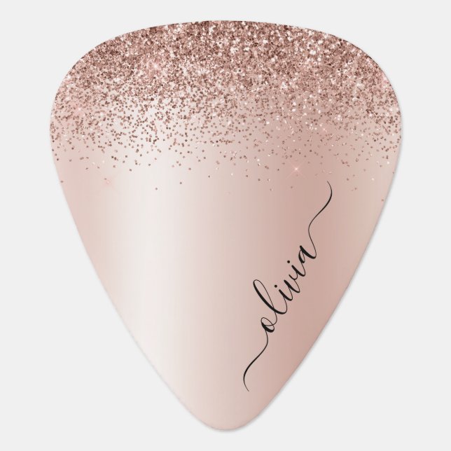 Rose Gold - Blush Pink Glitter Metal Monogram Name Guitar Pick (Front)