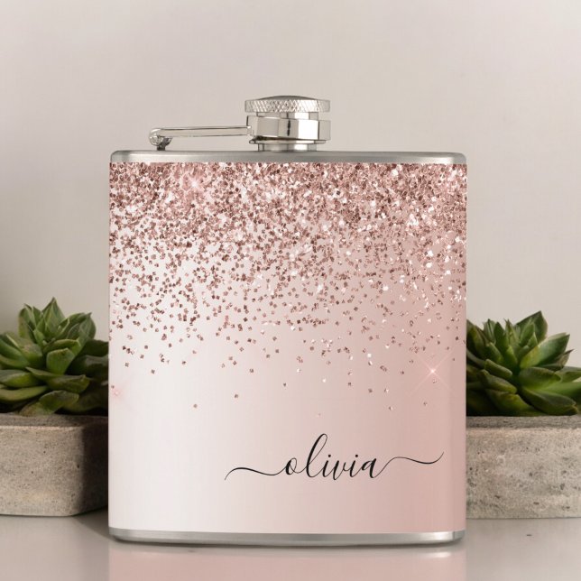 Rose Gold - Blush Pink Glitter Metal Monogram Name Hip Flask (Creator Uploaded)
