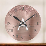 Rose Gold - Blush Pink Glitter Metal Monogram Name Large Clock<br><div class="desc">Rose Gold - Blush Pink Faux Foil Metallic Sparkle Glitter Brushed Metal Monogram Name and Initial Luxury Wall Clock. This makes the perfect sweet 16 birthday,  wedding,  bridal shower,  anniversary,  baby shower or bachelorette party gift for someone that loves glam luxury and chic styles.</div>