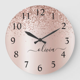 Rose Gold - Blush Pink Glitter Metal Monogram Name Large Clock