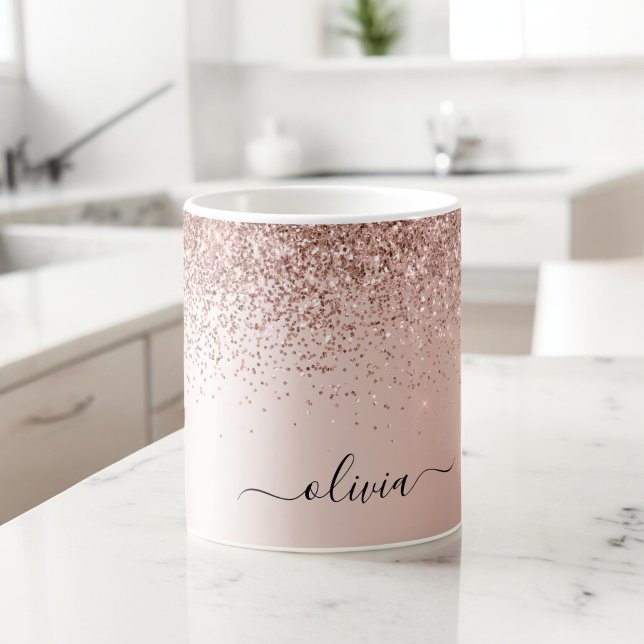 Rose Gold - Blush Pink Glitter Metal Monogram Name Large Coffee Mug (Creator Uploaded)
