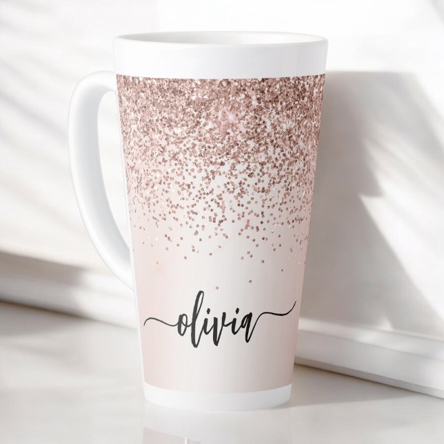 Rose Gold - Blush Pink Glitter Metal Monogram Name Latte Mug (Creator Uploaded)