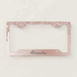 Rose Gold - Blush Pink Glitter Metal Monogram Name License Plate Frame