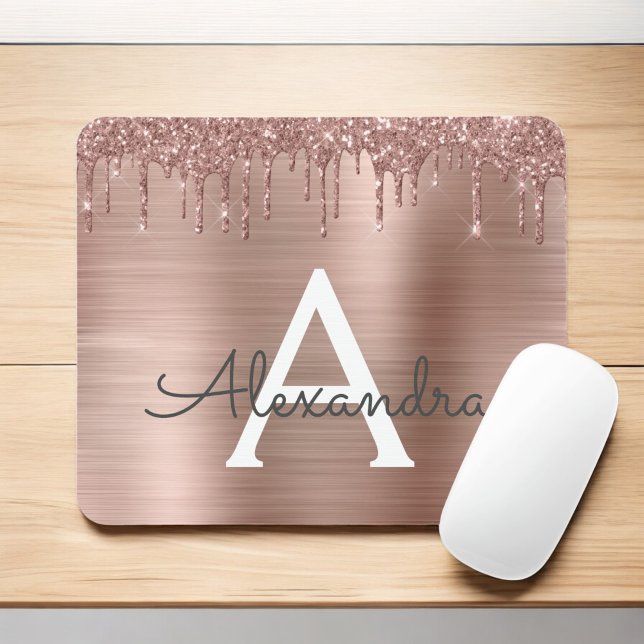 Rose Gold - Blush Pink Glitter Metal Monogram Name Mouse Pad (Creator Uploaded)