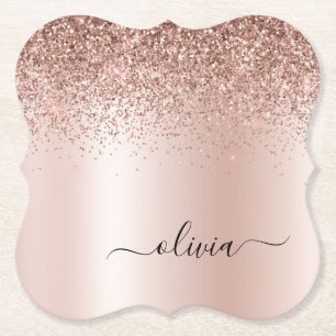Rose Gold - Blush Pink Glitter Metal Monogram Name Paper Coaster