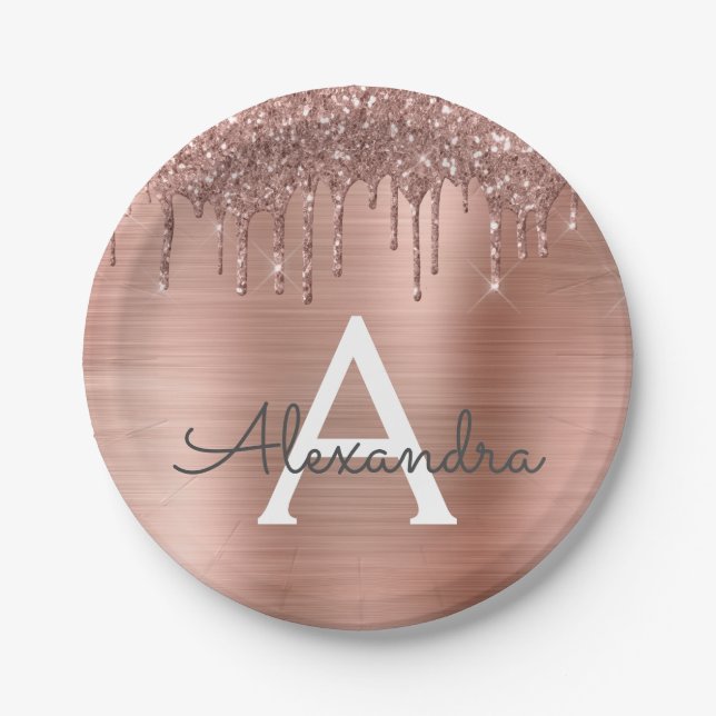 Rose Gold - Blush Pink Glitter Metal Monogram Name Paper Plate (Front)