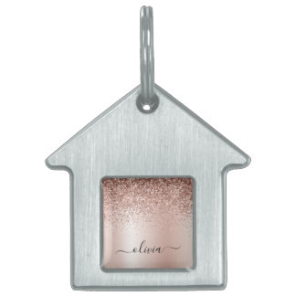 Rose Gold - Blush Pink Glitter Metal Monogram Name Pet ID Tag