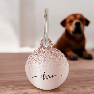 Rose Gold - Blush Pink Glitter Metal Monogram Name Pet Tag