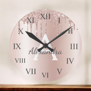 Rose Gold - Blush Pink Glitter Metal Monogram Name Round Clock