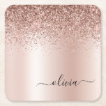 Rose Gold - Blush Pink Glitter Metal Monogram Name Square Paper Coaster<br><div class="desc">Rose Gold - Blush Pink Faux Foil Metallic Sparkle Glitter Brushed Metal Monogram Name Paper Coasters. This makes the perfect graduation,  birthday,  wedding,  bridal shower,  anniversary,  baby shower or bachelorette party gift for someone that loves glam luxury and chic styles.</div>