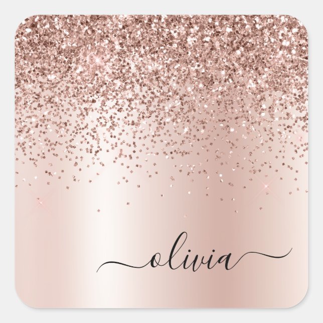 Rose Gold - Blush Pink Glitter Metal Monogram Name Square Sticker (Front)