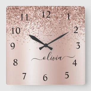 Rose Gold - Blush Pink Glitter Metal Monogram Name Square Wall Clock