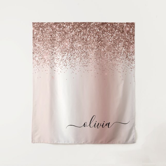 Rose Gold - Blush Pink Glitter Metal Monogram Name Tapestry (Front)