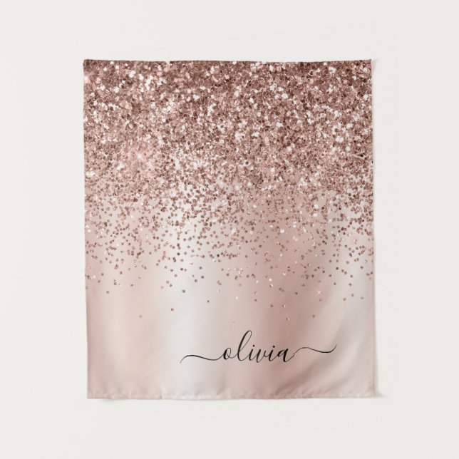Rose Gold - Blush Pink Glitter Metal Monogram Name Tapestry (Front)